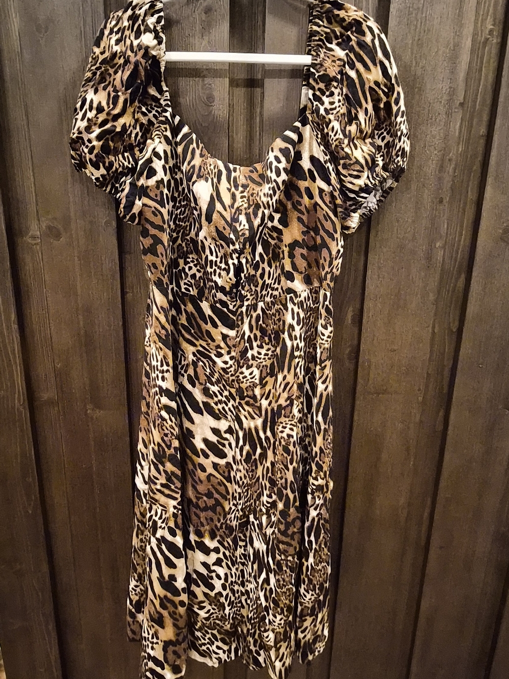Wayf Leopard Print Puff Sleeve Midi Dress - Brown Black Cream